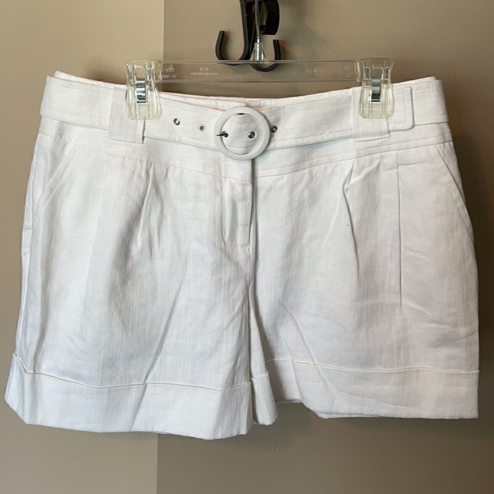 New white linen belted cuffed shorts